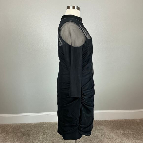 Calvin Klein Black Long Sleeve Sheath Cocktail Dress Size 22W Ruched Sheer Neck - Picture 3 of 12